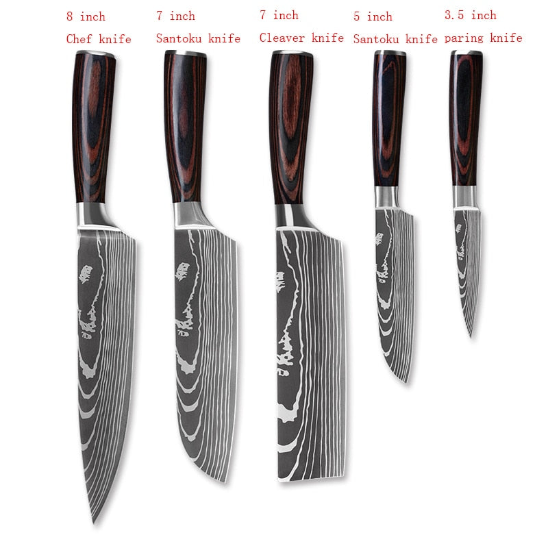 3/4/5/6/8/9Pcs/set Stainless Steel Damascus Pattern Chef Knives Set Kitchen Knife Set Butcher Boning Knife Vegetable Knives