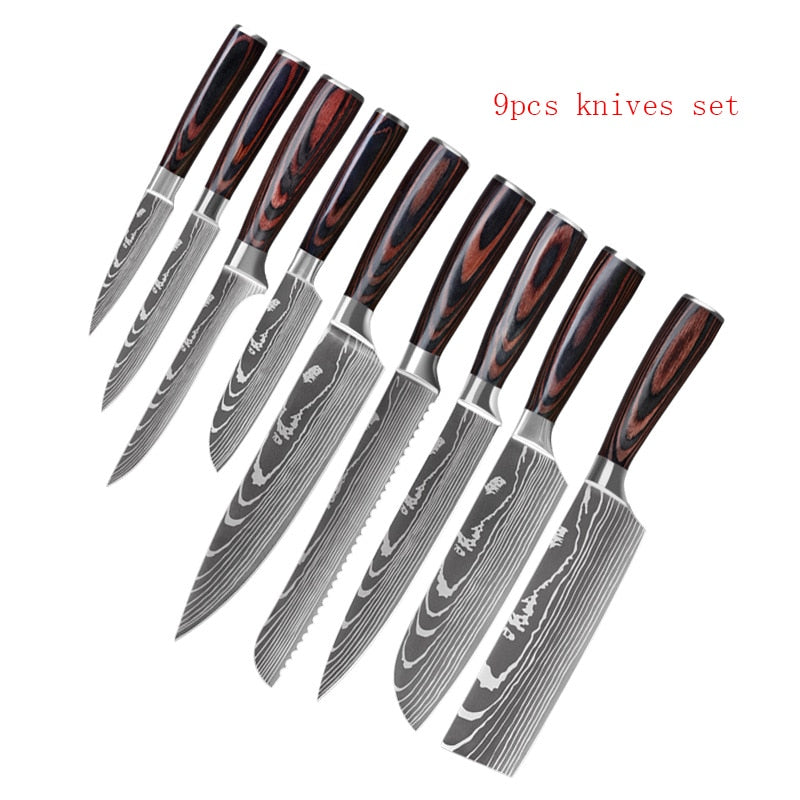 3/4/5/6/8/9Pcs/set Stainless Steel Damascus Pattern Chef Knives Set Kitchen Knife Set Butcher Boning Knife Vegetable Knives