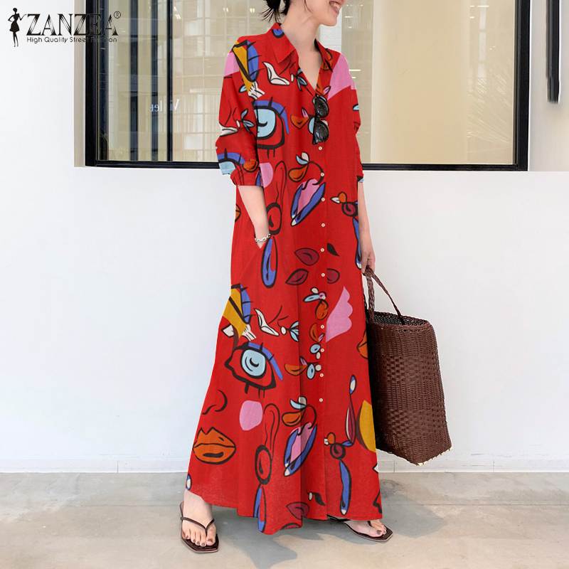 Elegant Printed Shirt Dress Women's Autumn Sundress ZANZEA Casual Long Sleeve Maxi Vestido Female Lapel Button Robe