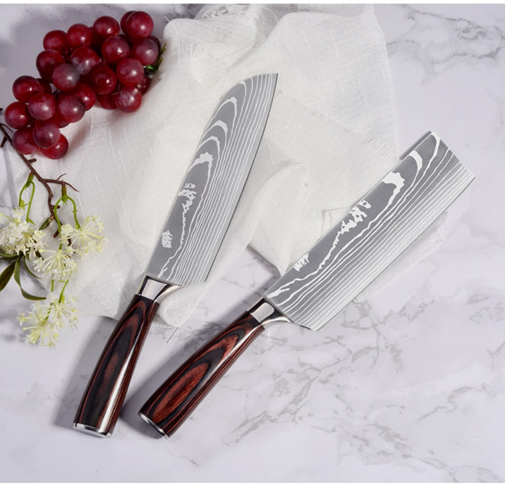 3/4/5/6/8/9Pcs/set Stainless Steel Damascus Pattern Chef Knives Set Kitchen Knife Set Butcher Boning Knife Vegetable Knives